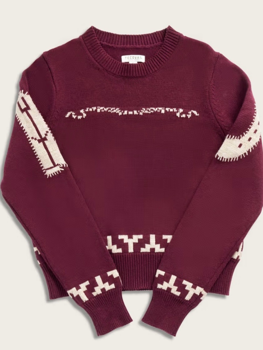 Tecovas Burgundy Crewneck Sweater with Cream Southwestern Accents - Picture 5 of 9